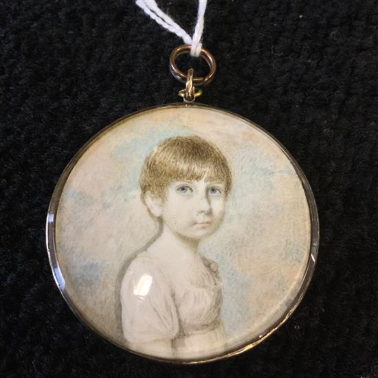 19th century Irish School Miniature of a child, reputedly Martha Prittie, with clouds beyond, tondo, 1.75in.